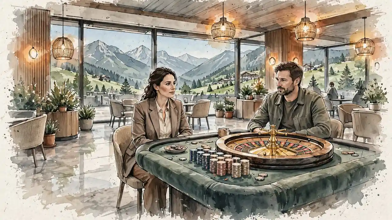 Heller Casino-Loungebereich mit alpinen Fenstern und Roulette-Rad