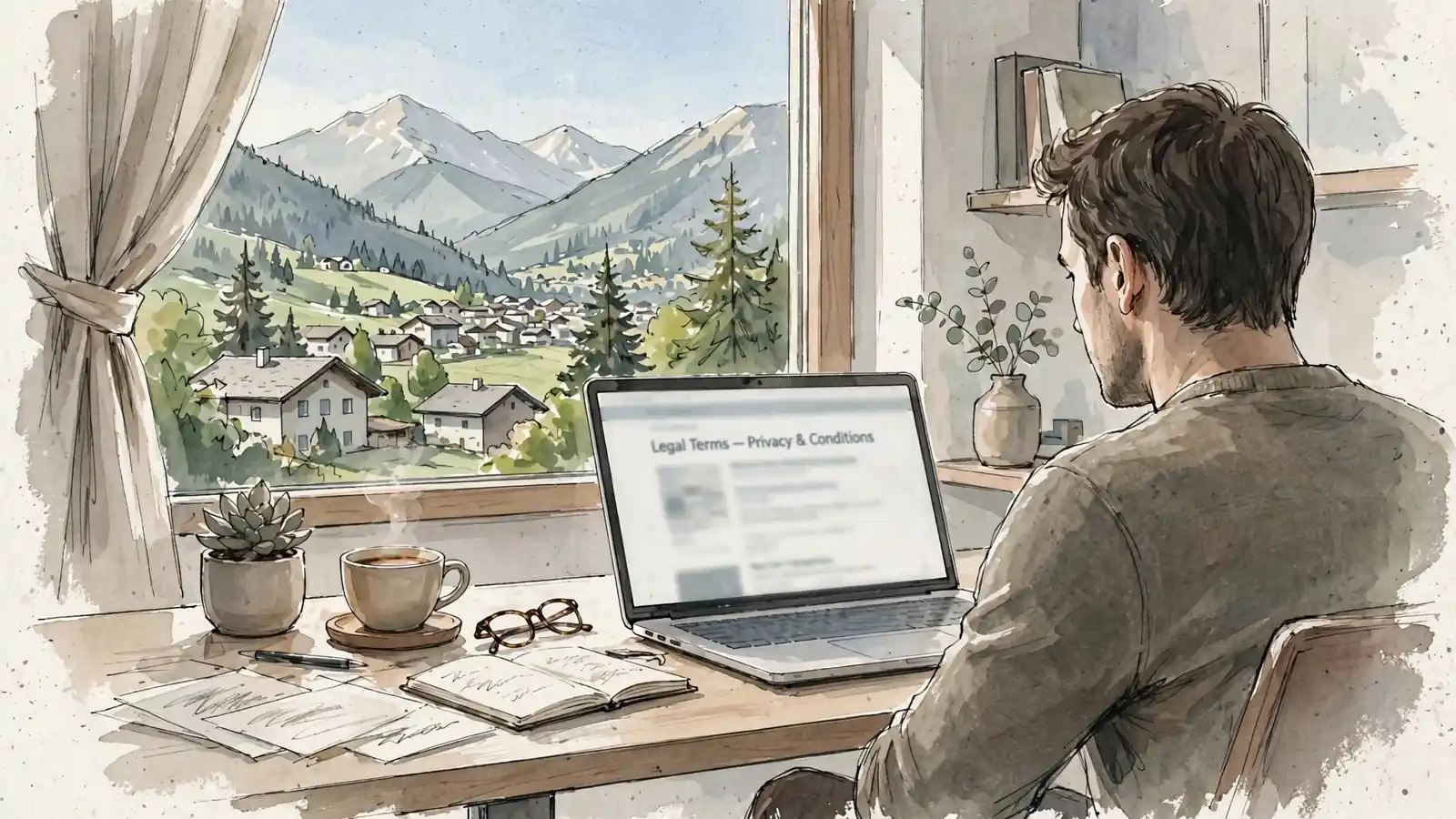 Modernes Büro in Österreich mit Laptop und Alpenblick