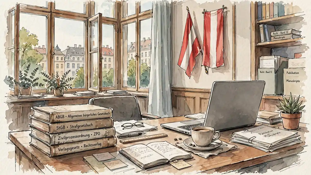 Büro in Wien mit Rechtsbüchern und Flaggen