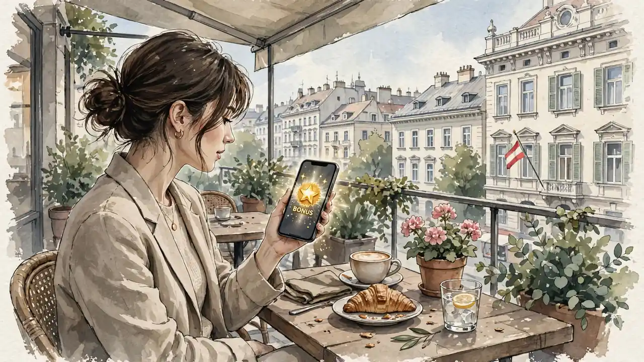 Junge Frau mit Smartphone auf Wiener Caféterrasse, leuchtendes Bonus-Symbol im Hintergrund