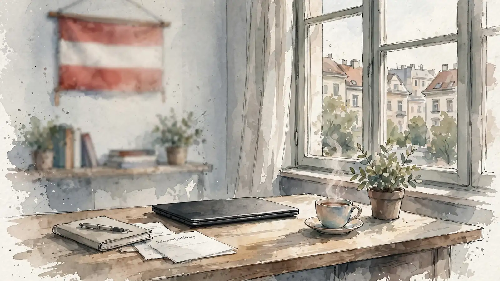 Büro in Wien mit Laptop, Tasse Kaffee und österreichischer Flagge im Hintergrund