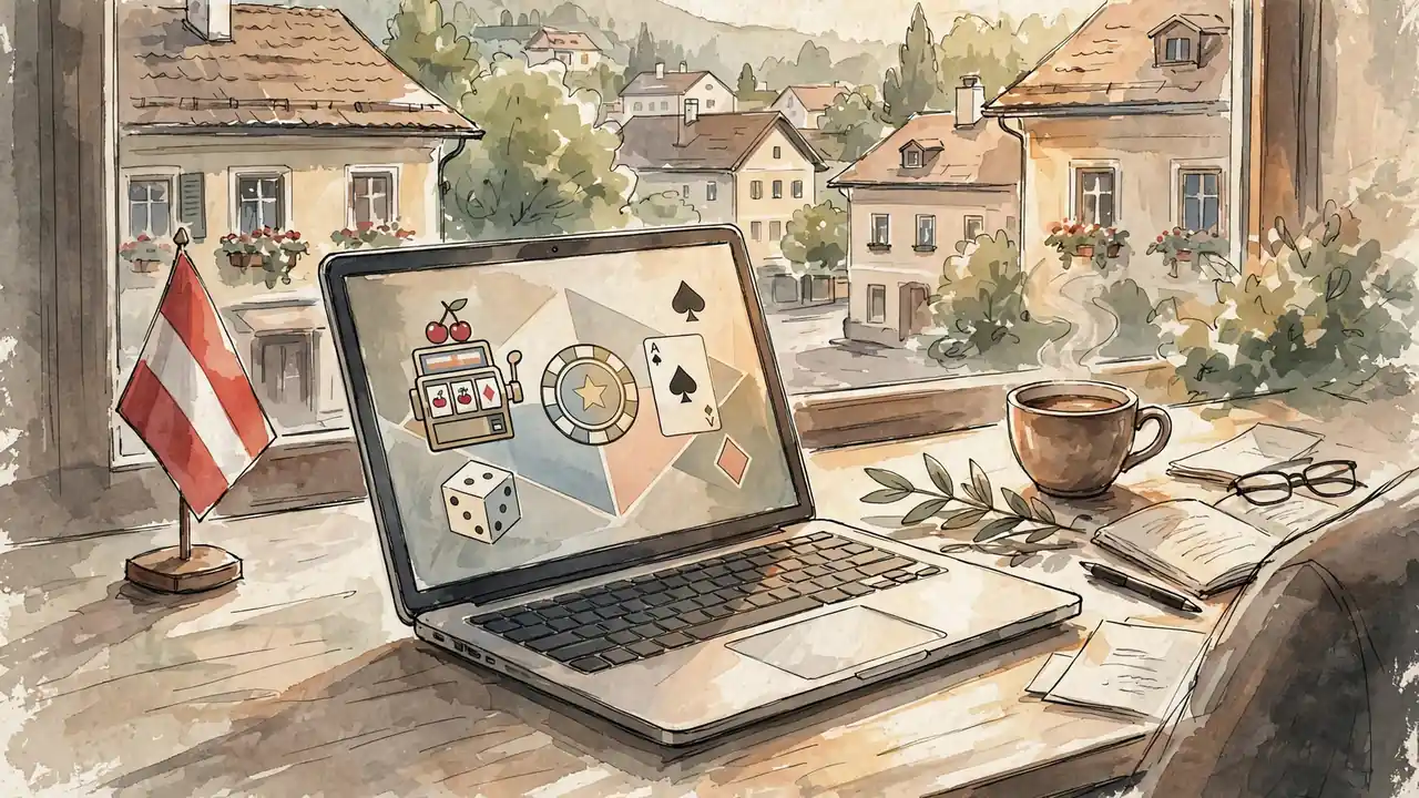 Coverbild: Schreibtisch mit Laptop, österreichischer Flagge und Casino‑Symbolen