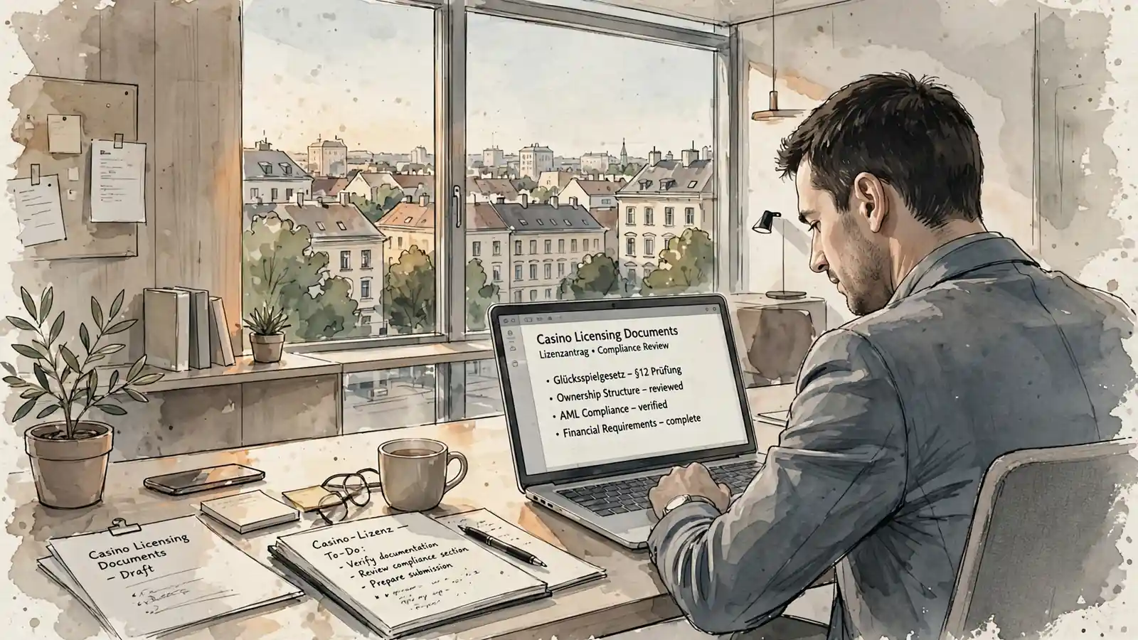 Junger Fachmann prüft Lizenzdokumente im Wiener Büro.