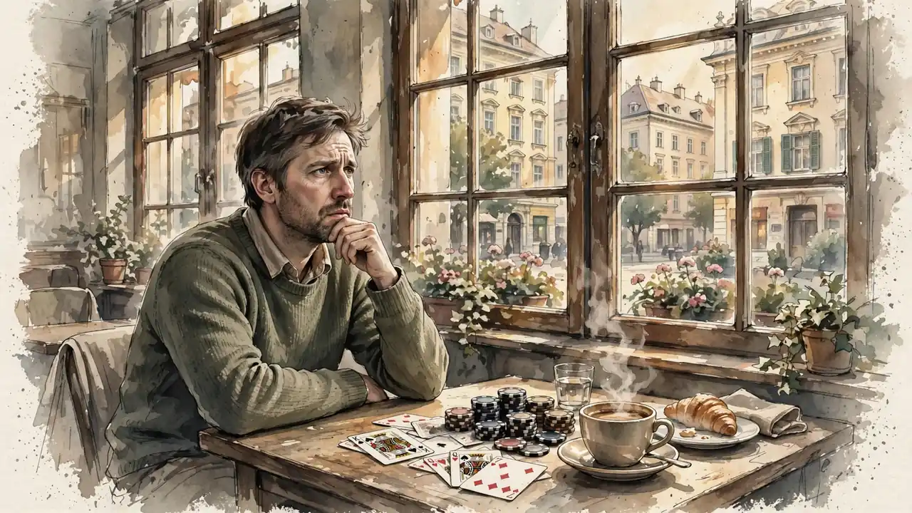 Nachdenkliche Person in einem Wiener Café mit Spielchips und Karten